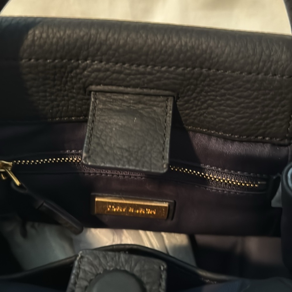 Tory Burch Half Moon Petite Mixed Material Satchel. Blue and Black. - Picture 8 of 13